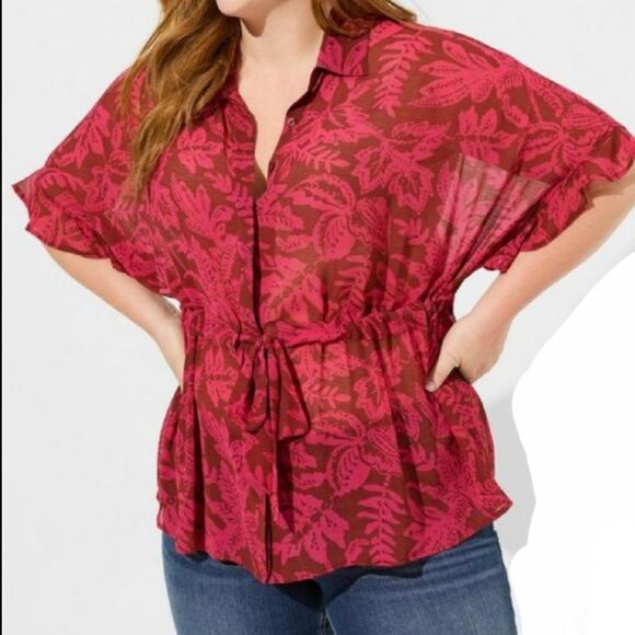 Torrid Chiffon Top Button Front Cinch Waist Dolman Sleeves Ruffled Semi-Sheer 2X - Picture 1 of 16